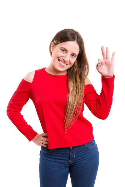 Genç kadın el ok işareti — Stok fotoğraf
