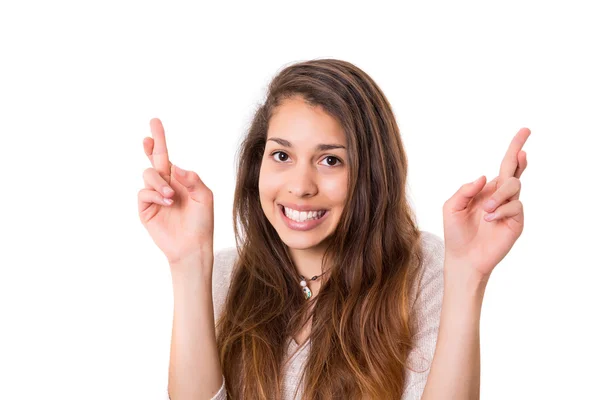 Frau drückt die Daumen — Stockfoto