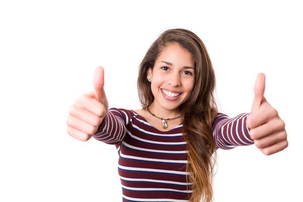 Jonge vrouw gebaren duimen omhoog teken — Stockfoto