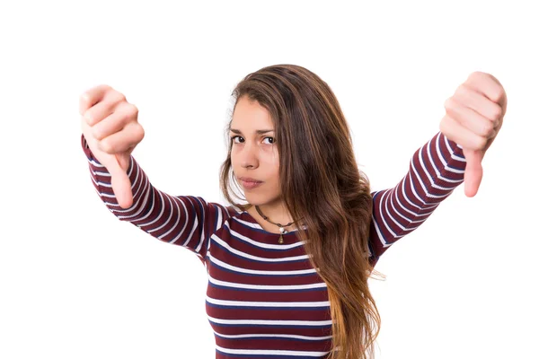 Женщина показывает пальцами вниз знак — стоковое фото