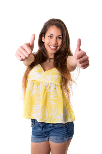 Jonge vrouw gebaren duimen omhoog teken — Stockfoto