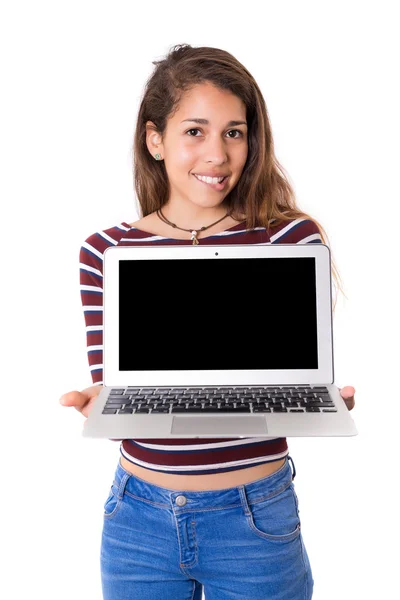 Mujer presentando producto en un ordenador portátil —  Fotos de Stock