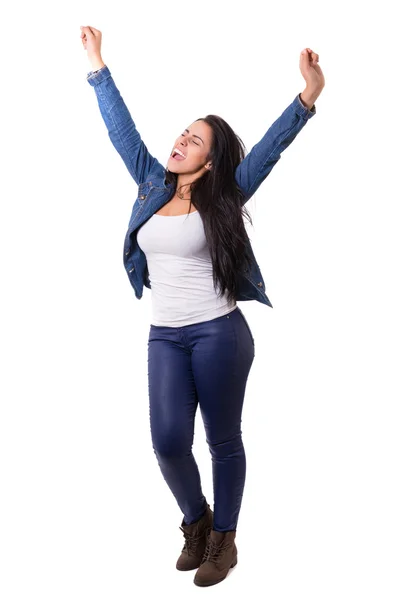 Happy woman with raised arms — Stock Photo, Image