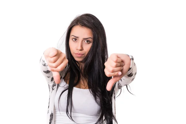 Woman gesturing thumbs down sign — Stock Photo, Image