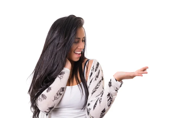 Woman presenting product by hand — Stock Photo, Image