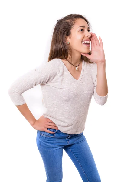 Mulher gritando com alguém — Fotografia de Stock