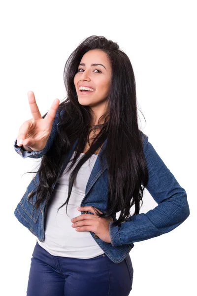 Woman gesturing peace  sign — Stock Photo, Image