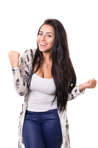 Happy woman with raised arms — Stock Photo, Image