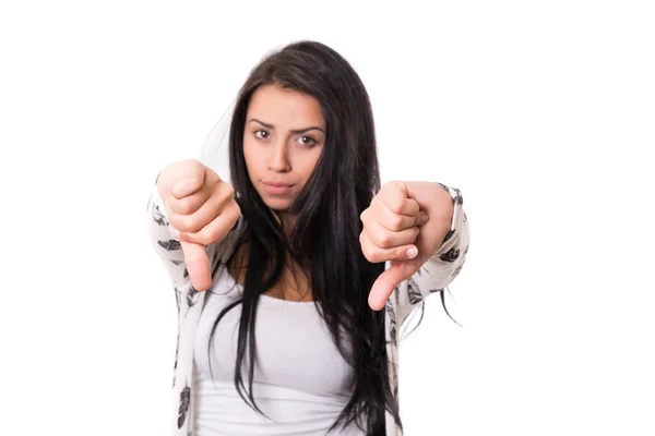 Woman gesturing thumbs down sign — Stock Photo, Image