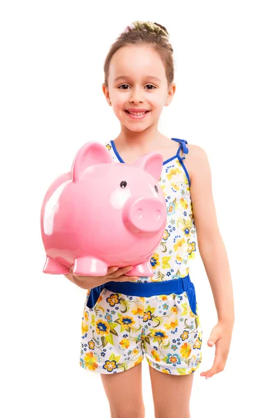 Chica con un nuevo piggybank — Foto de Stock