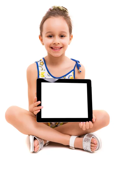 Small girl with new tablet computer — Stock Photo, Image