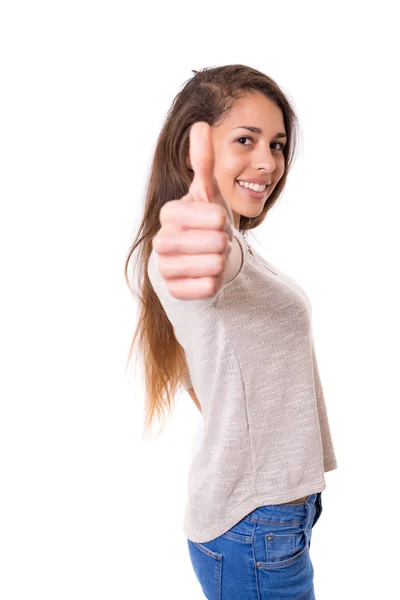 Vrouw gebaren duim omhoog teken — Stockfoto