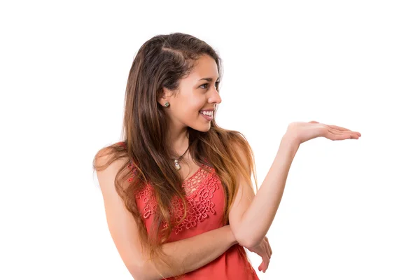 Mulher apresentando seu produto — Fotografia de Stock