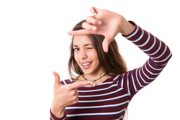 Mujer haciendo marco gesto clave — Foto de Stock