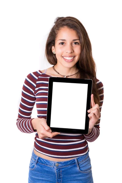 Vrouw product presenteren in een tablet — Stockfoto