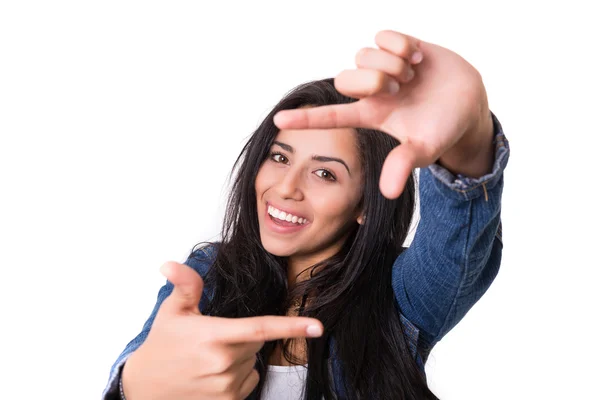 Mulher fazendo moldura gesto-chave — Fotografia de Stock