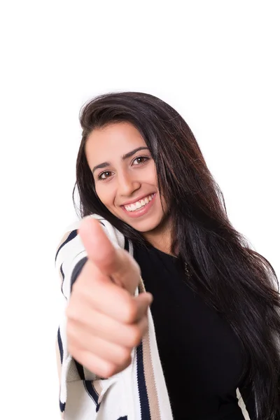 Žena směřují palec nahoru znamení — Stock fotografie