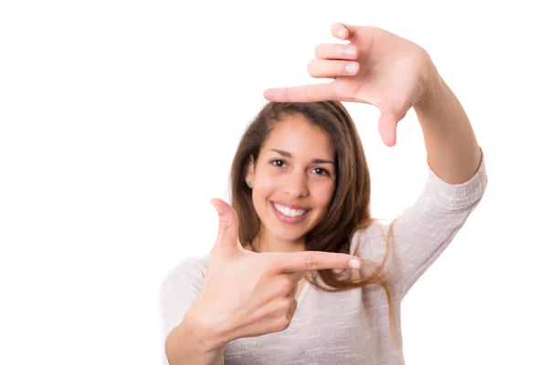 Frau macht Schlüsselgeste — Stockfoto