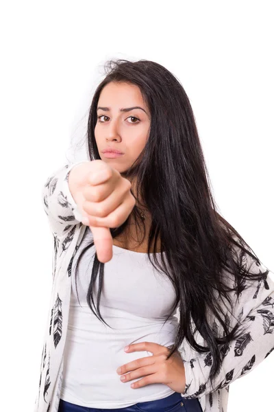 Woman gesturing thumb down sign — Stock Photo, Image