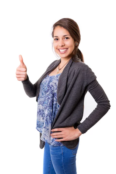 Schöne junge Frau gestikuliert ok Zeichen — Stockfoto