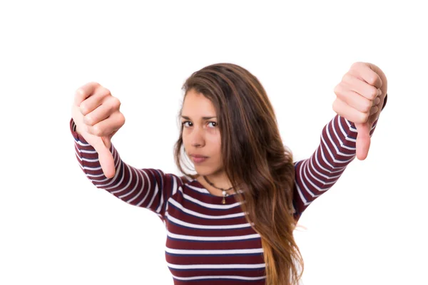 Vrouw gebaren duim omlaag teken — Stockfoto