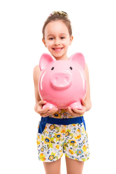 Menina feliz com um novo banco porquinho — Fotografia de Stock