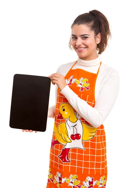 Woman with menu board — Stock Photo, Image