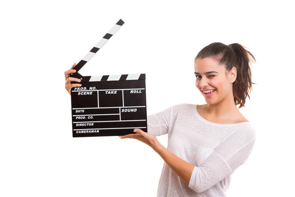 Mujer sosteniendo una tabla de aplausos — Foto de Stock