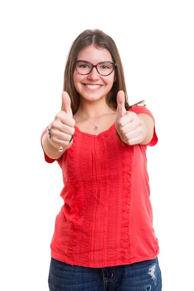 Junge Frau signalisiert Okay — Stockfoto