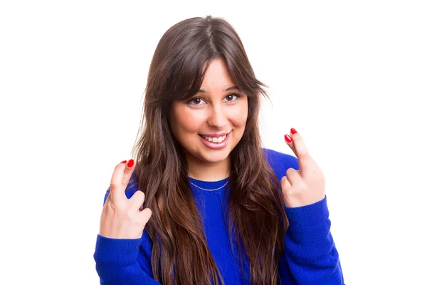 Frau drückt die Daumen — Stockfoto