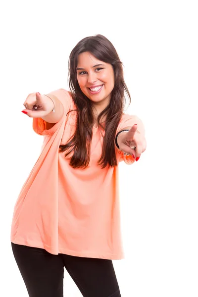 Jovem bela mulher apontando — Fotografia de Stock