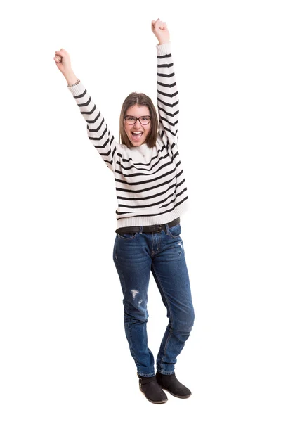 Mujer feliz con los brazos levantados — Foto de Stock