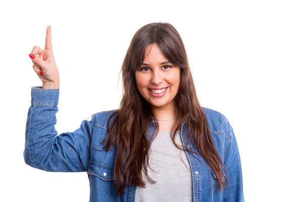 Joven hermosa mujer presiona clave — Foto de Stock