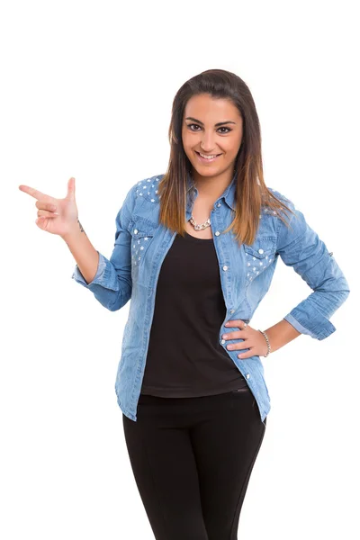 Woman presenting your product — Stock Photo, Image