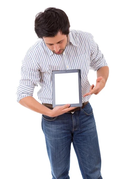 Homem apresentando computador tablet — Fotografia de Stock