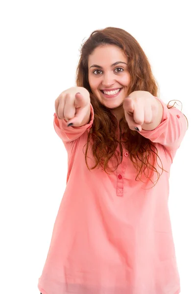 Mooie vrouw wijzend op u — Stockfoto