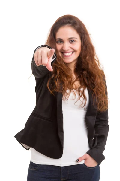 Jovem bela mulher apontando — Fotografia de Stock