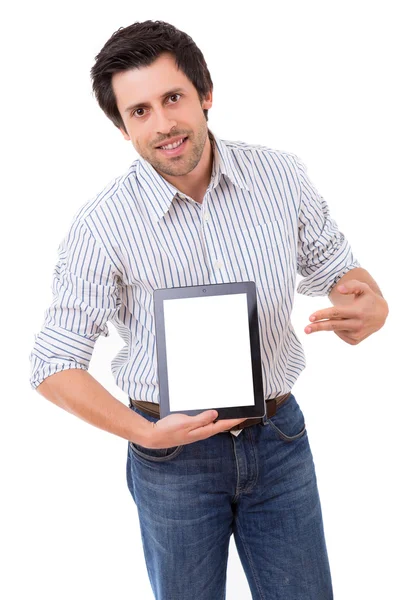 Homem apresentando seu produto — Fotografia de Stock