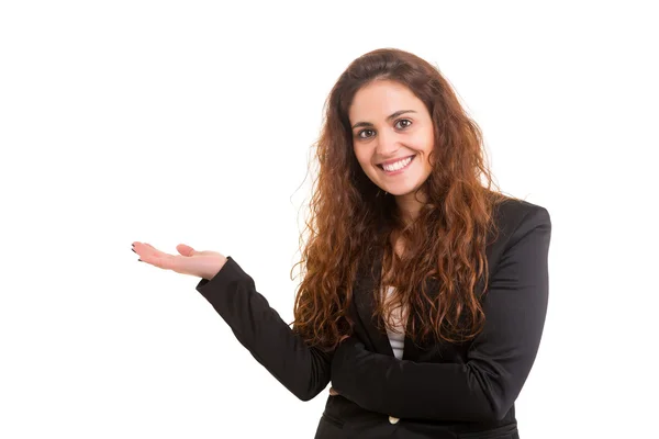 Woman presenting your product — Stock Photo, Image