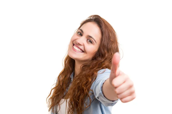 Beautiful young woman thumb up — Stock Photo, Image