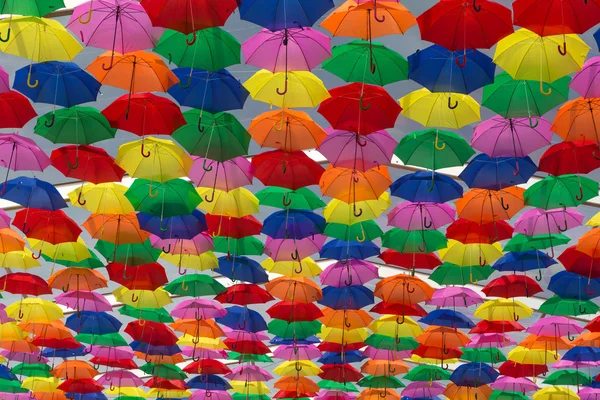 Lots of umbrellas coloring the sky — Stock Photo, Image