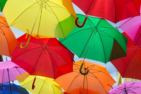 Lots of umbrellas coloring the sky — Stock Photo, Image