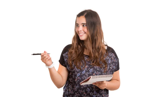 Woman presenting your product — Stock Photo, Image