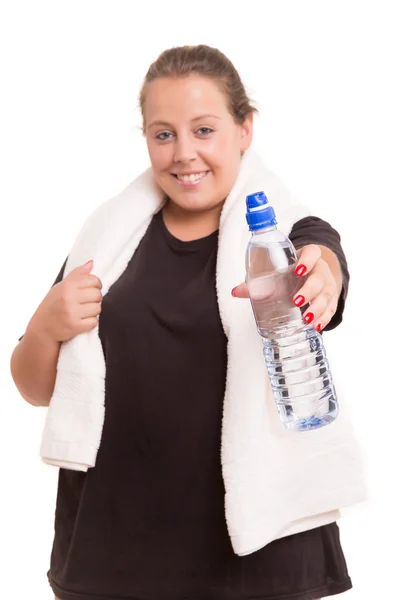 Mujer grande con botella de agua — Foto de Stock