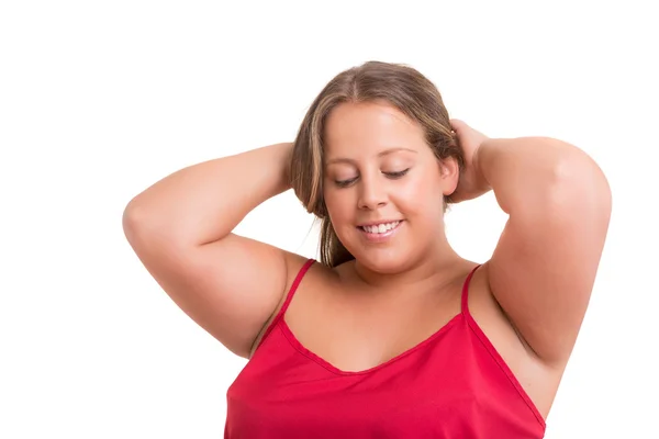 Šťastná žena s overweights — Stock fotografie