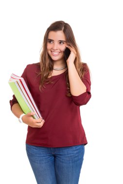 Genç öğrenci kız görüşmeler üstünde hareket eden telefon