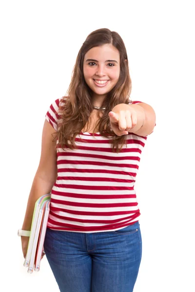 Jeune fille étudiante pointant vers la caméra — Photo