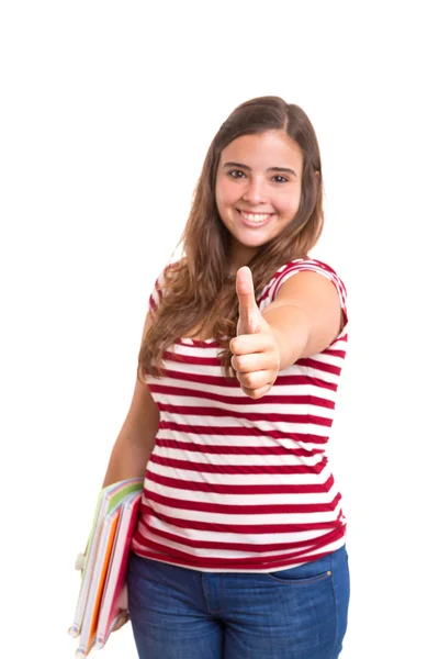 Junge Studentin gestikuliert Daumen hoch Zeichen — Stockfoto