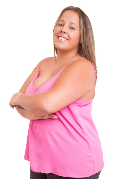Ευτυχισμένη γυναίκα με overweights — Φωτογραφία Αρχείου