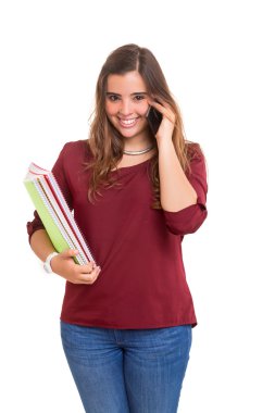 Genç öğrenci kız görüşmeler üstünde hareket eden telefon